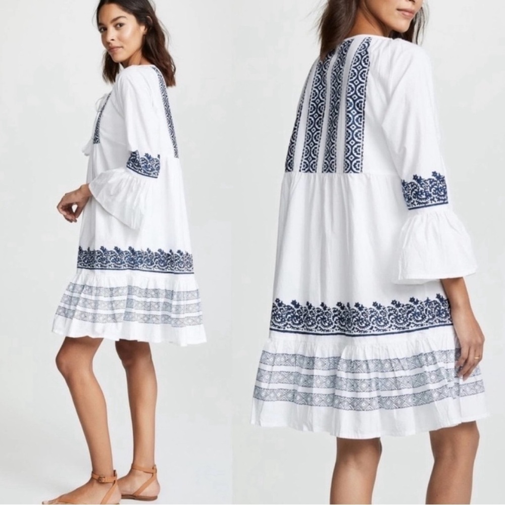 Roller Rabbit | Mona Border Maricruz Cotton White & Blue Peasant Dress